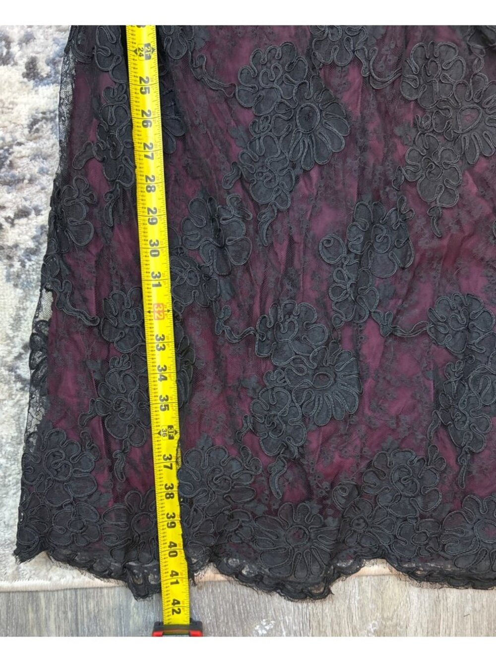 Vtg 50s Black Lace Overlay Burgundy Mini Dress Lace Whimsigoth Dark Romantic - Picture 14 of 16